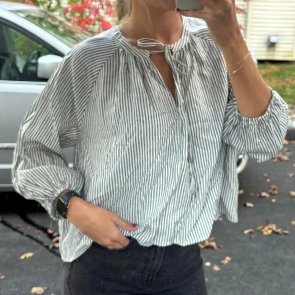 A New Day | Size M | Grey and White Striped Blouse - Picture 5 of 6